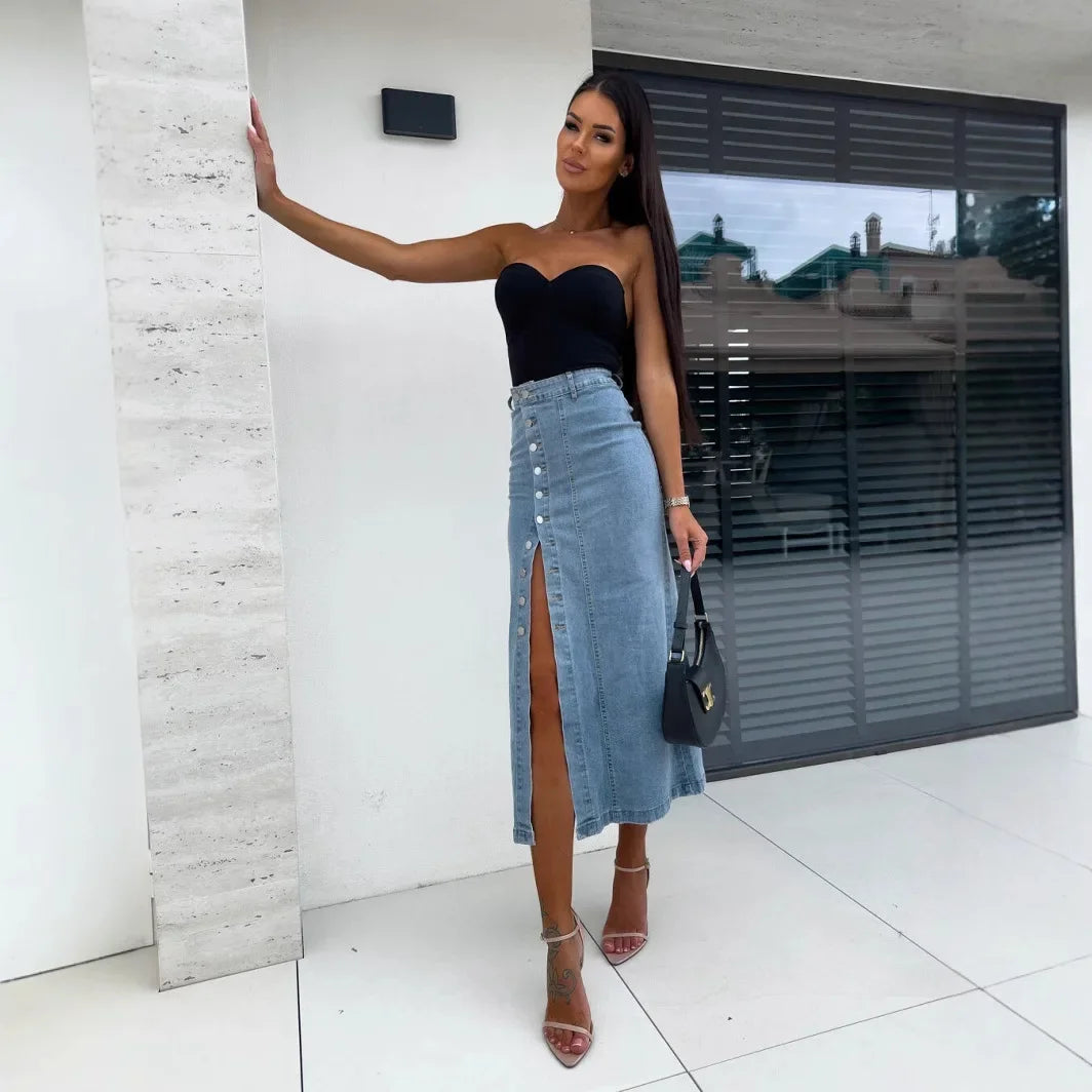 Women's Buttons Split Half-body Denim Skirt High Waist Slim Hip