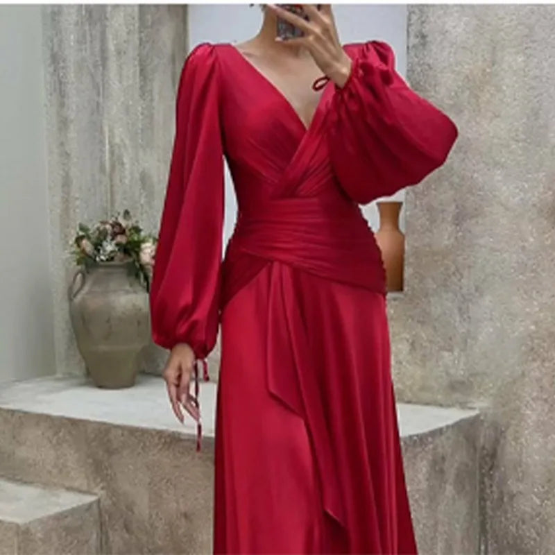 Elegant A-Line Wedding Guest Dress Long Sleeve Satin V Neck Silhouette Ruffles Brush Train Evening Dress