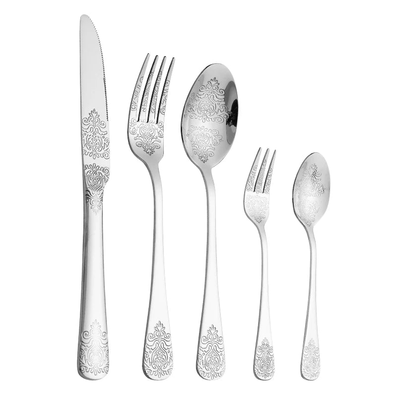 5Pcs Cutlery Set Stainless Steel Tableware Carving Golden Dinnerware