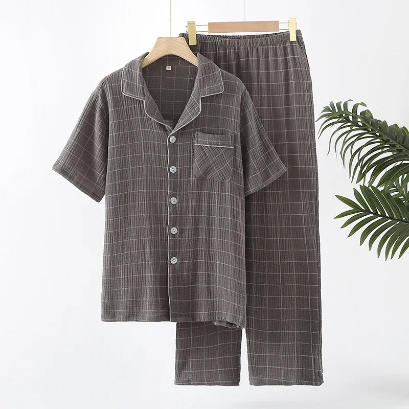 100% Cotton Summer Men Pajamas Japanese style 2 Piece Sleepwear