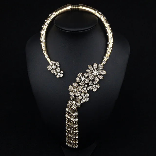 Baroque Open Choker Necklace Women Layered Crystal Tassel Large Collar Necklace Jewelry