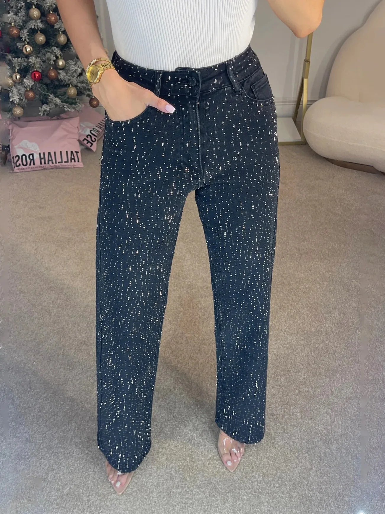 Women Diamonds Straight Jean Denim Trouser Pants Stretch High Waist