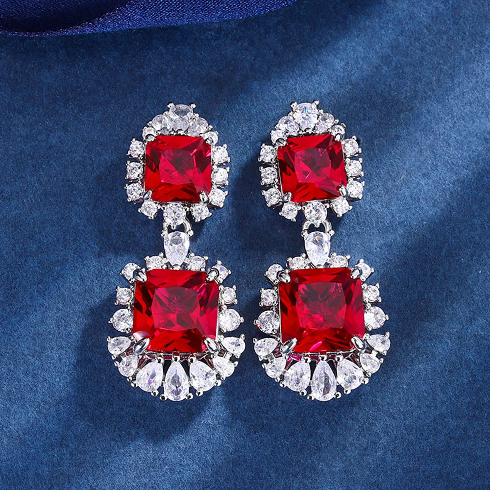 Ruby Necklace Pendant Rings Dangle Earrings Lab Diamond Fine Jewelry Sets