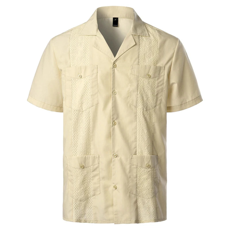 Men's Traditional Cuban Collar Guayabera Shirts Short Sleeve Embroidered w 4 Pockets