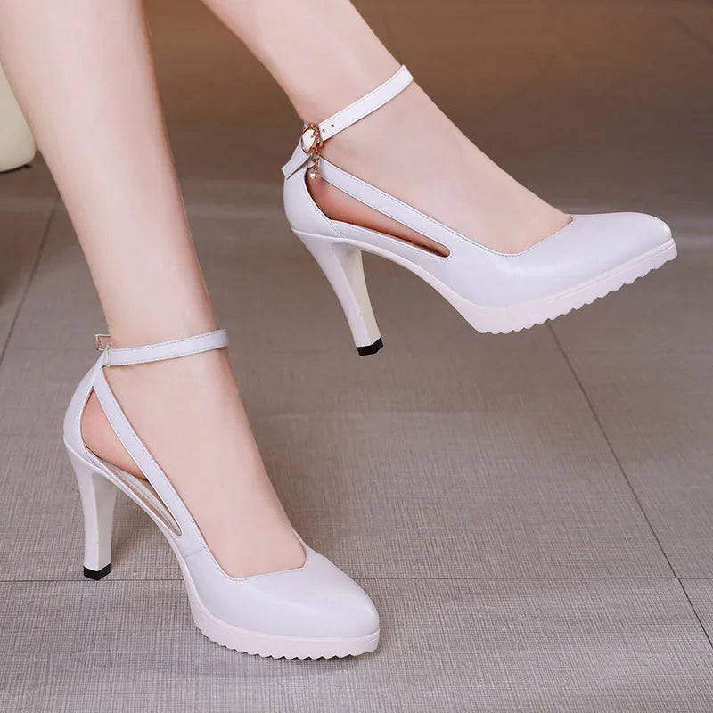 High quality elegant leather shoe for women 8cm high heel platform point toe