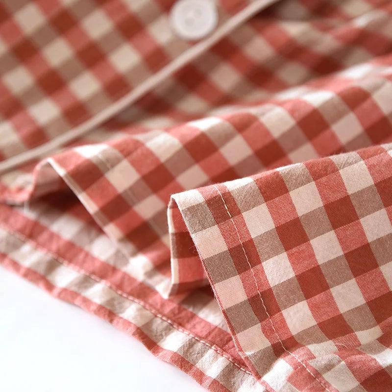 Spring and Autumn Unisex Pajama Set 100% Cotton Men's and Women's Plaid Long Sleeved Two Piece