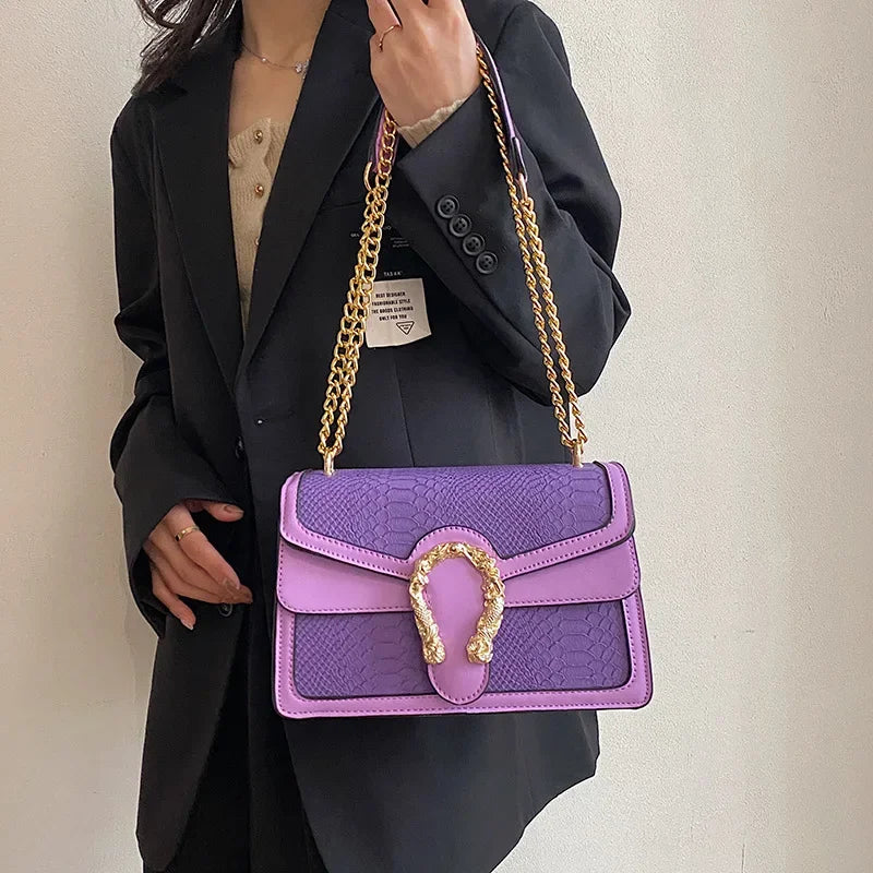Gold Chain Crossbody Women's Fashion Bag Crocodile Pattern