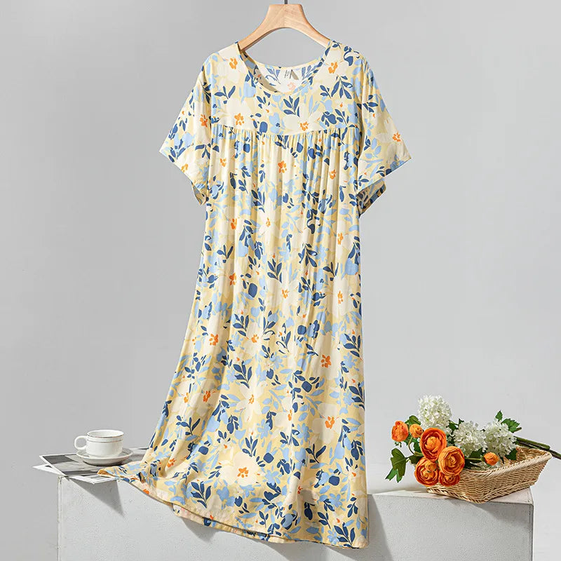 Summer Women Nightgown Short Sleeve Round Neck