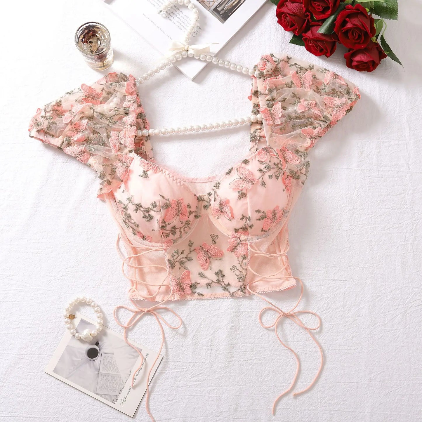 Women Sexy Sheer Lace-Up Puff Sleeves Floral Embroidery Two Piece Set