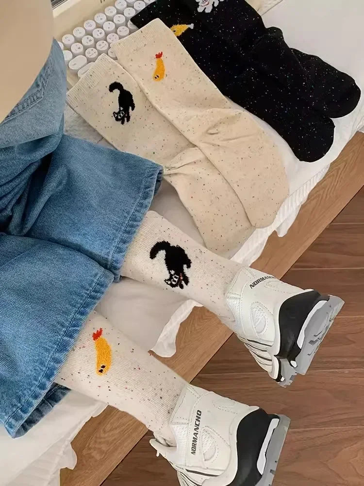 1/2pairs Cartoon Cat Fish Pattern Middle Tube Socks Soft Thermal Warm Crew Sock