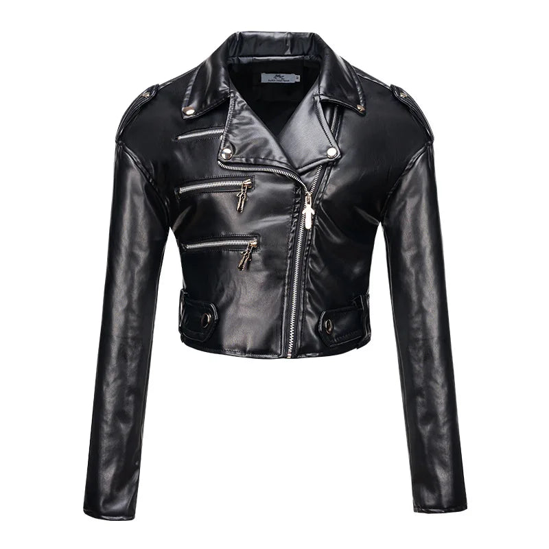 Women slim short PU leather jacket plus cotton high waist long sleeve lapel