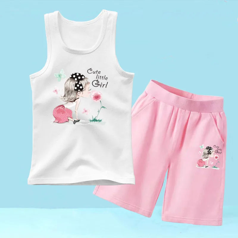 Summer Girls 2PCS Vest Set Perfume Bottle Print Sleeveless Top and Shorts