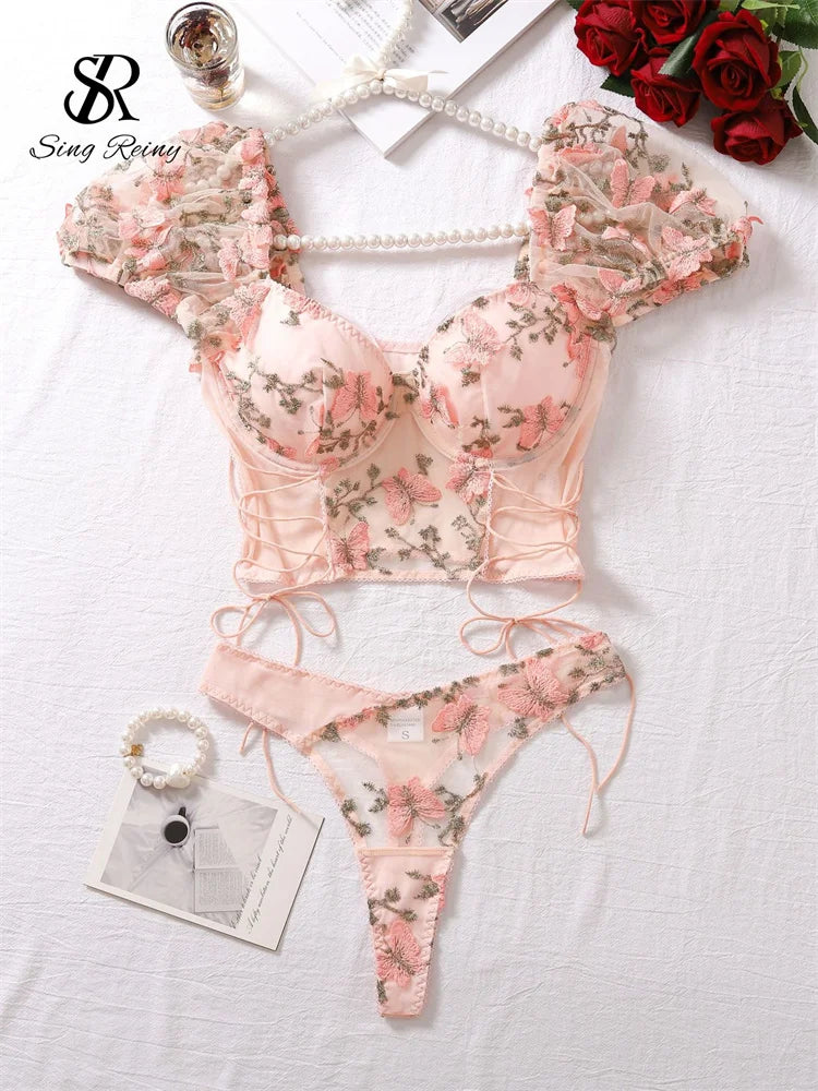 Women Sexy Sheer Lace-Up Puff Sleeves Floral Embroidery Two Piece Set