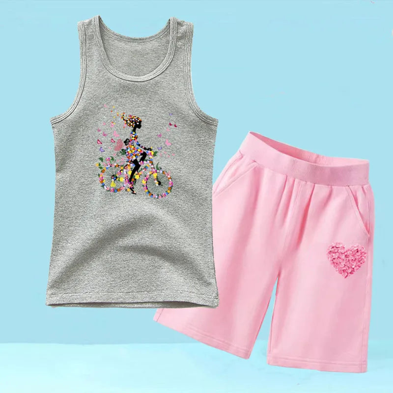 Summer Girls 2PCS Vest Set Perfume Bottle Print Sleeveless Top and Shorts