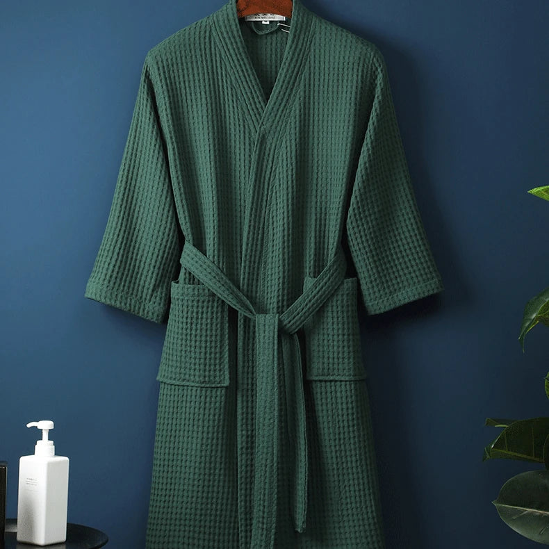 Adult Cotton Waffle Kimono Bathrobe Gown with Pocket Loungewear Sleepwear