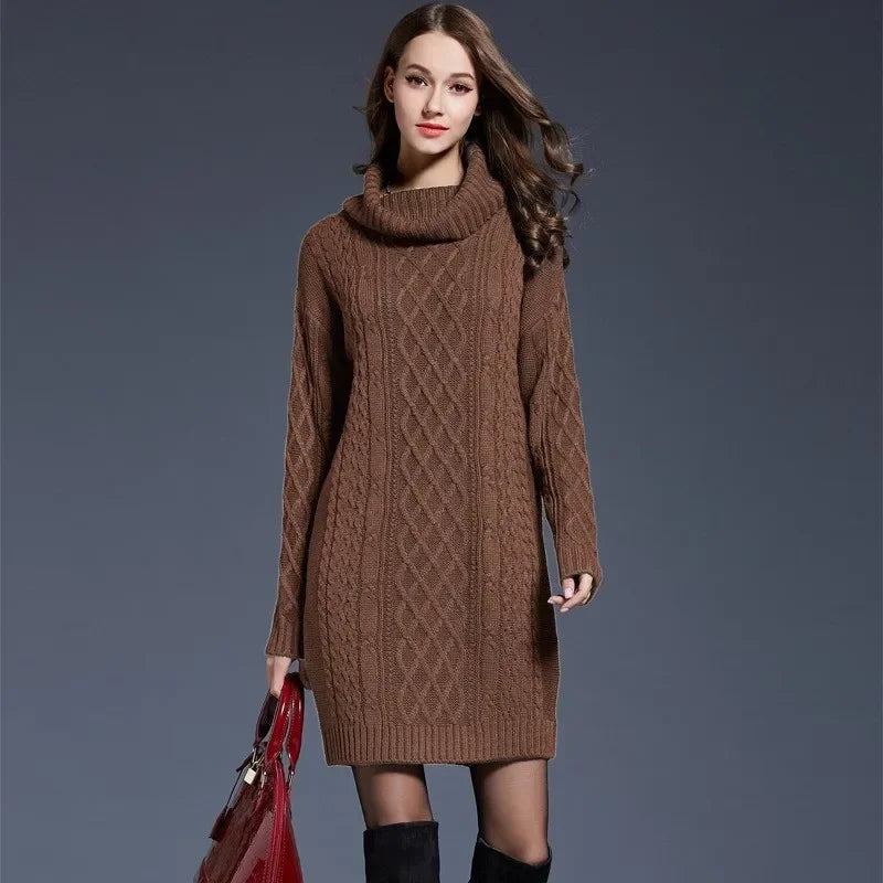 Warm Knitted Comfortable Casual Collar Pullover Sweater Long Sleeved Dress
