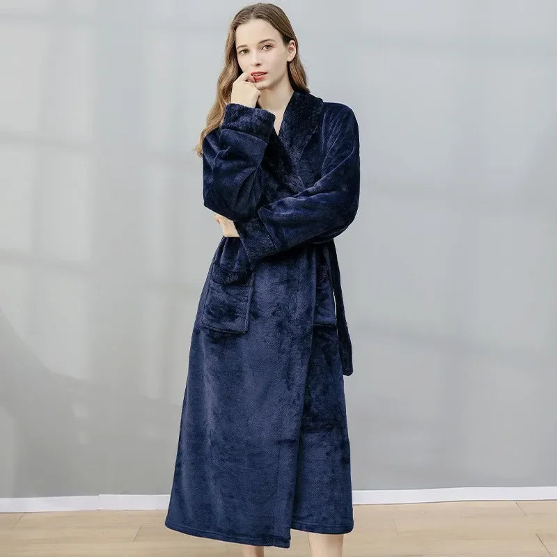 Unisex Autumn/Winter Warm Long Coral Velvet Thick Couple Bath Bathrobes