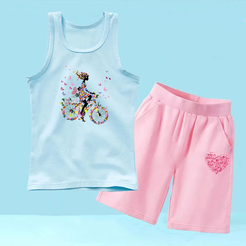 Summer Girls 2PCS Vest Set Perfume Bottle Print Sleeveless Top and Shorts