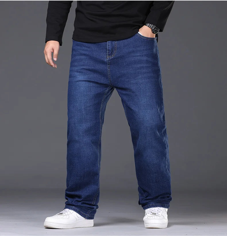 34-50 Sizes Men's Stretch Jeans Straight Leg Denim Pants Extended Sizing Blue/Black Streetwear Relaxed Fit for Work & Casual