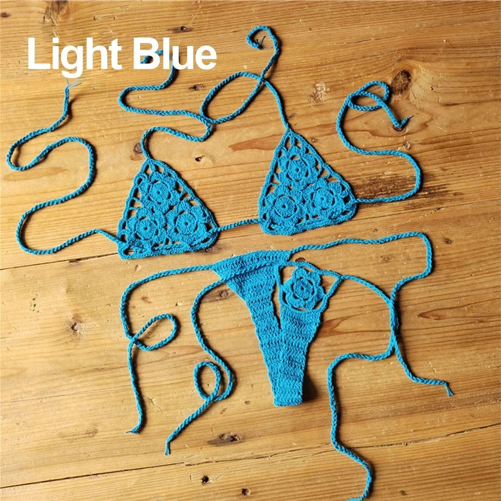 Women Sexy Handmade Bikini Sets Crochet Flower Solid Color Lace Thong String Swimwear Sunbathing Swimsuit Beach Wear Lace-up