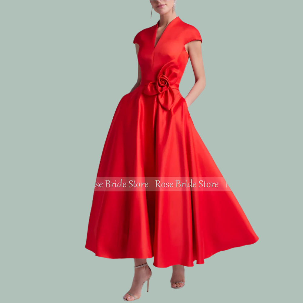 Elegant Women's Cocktail Party Satin Flower Handmade Gowns A-line