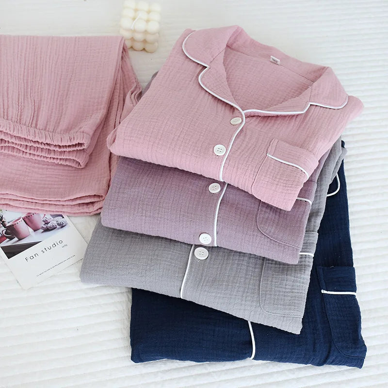 Spring and Autumn Couple Pajamas Set 100%Cotton Crepe Long Sleeve Pants Two Piece Men's and Women's Large Size