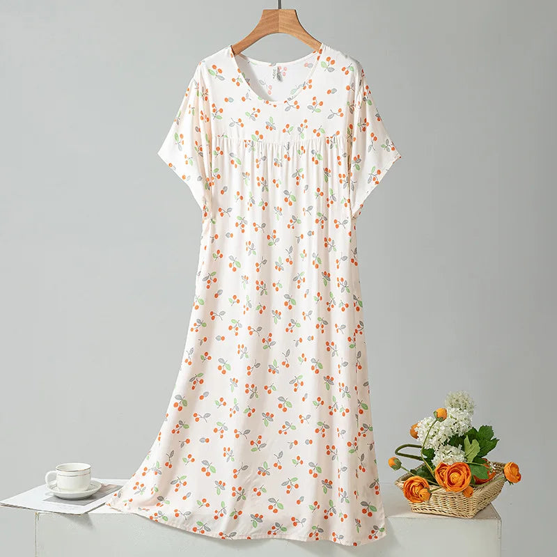 Summer Women Nightgown Short Sleeve Round Neck