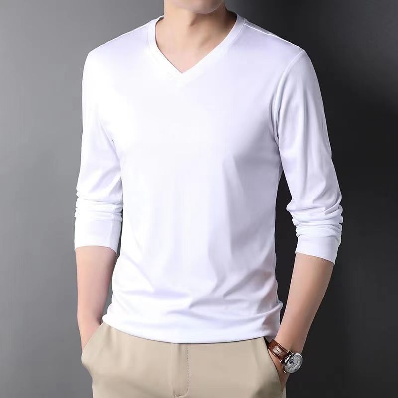 Men Thin Solid Cotton T-shirt Long Sleeve V-Neck Thin