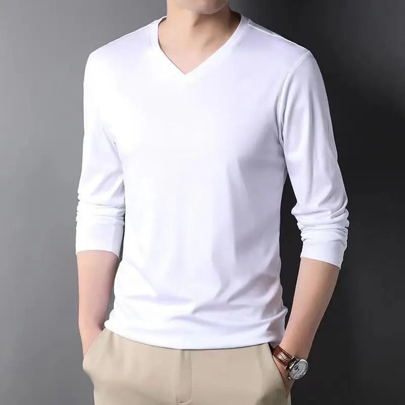 Men Thin Solid Cotton T-shirt Long Sleeve V-Neck Thin