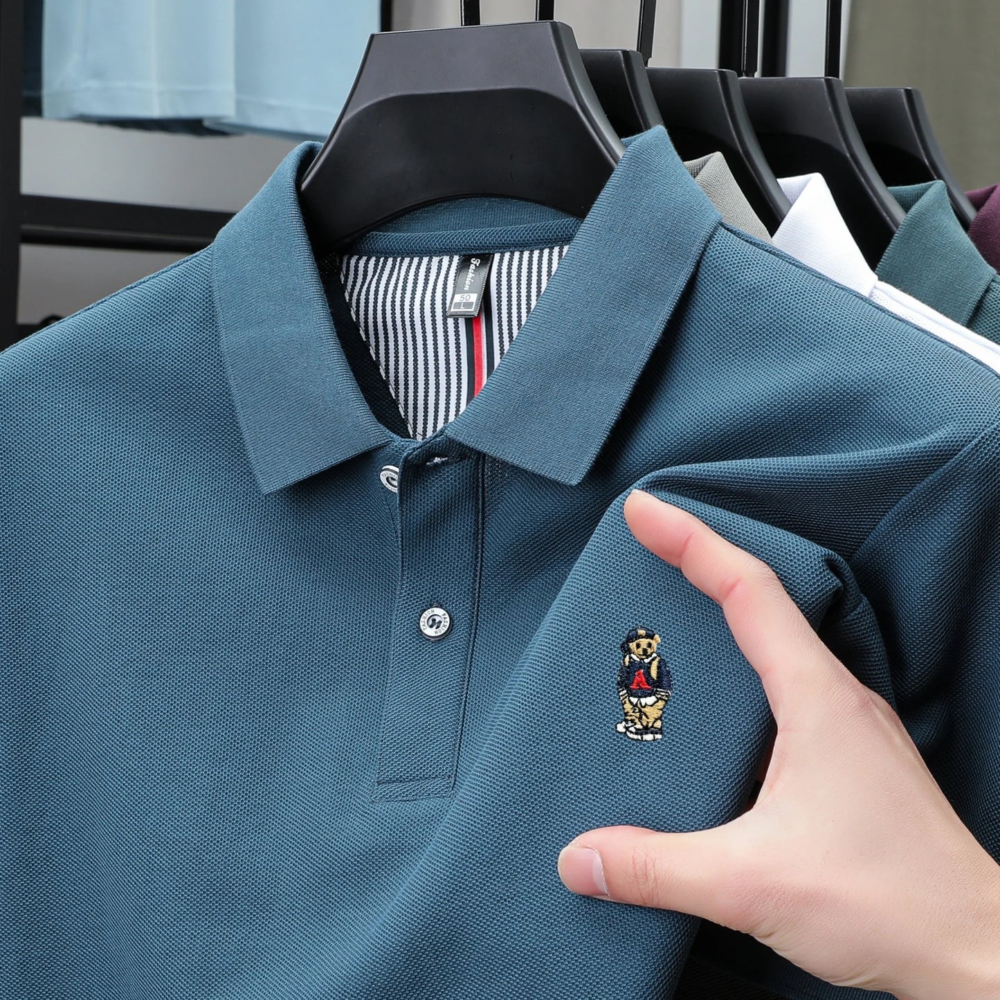 100% cotton high-end brand men short sleeve polo shirt cartoon bear embroidery comfort texture skin friendly breathable T-shirt
