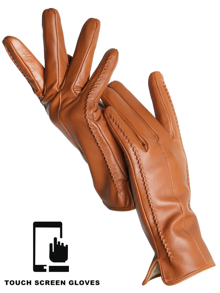 Women's Leather winter warm gloves with velvet thin touch screen