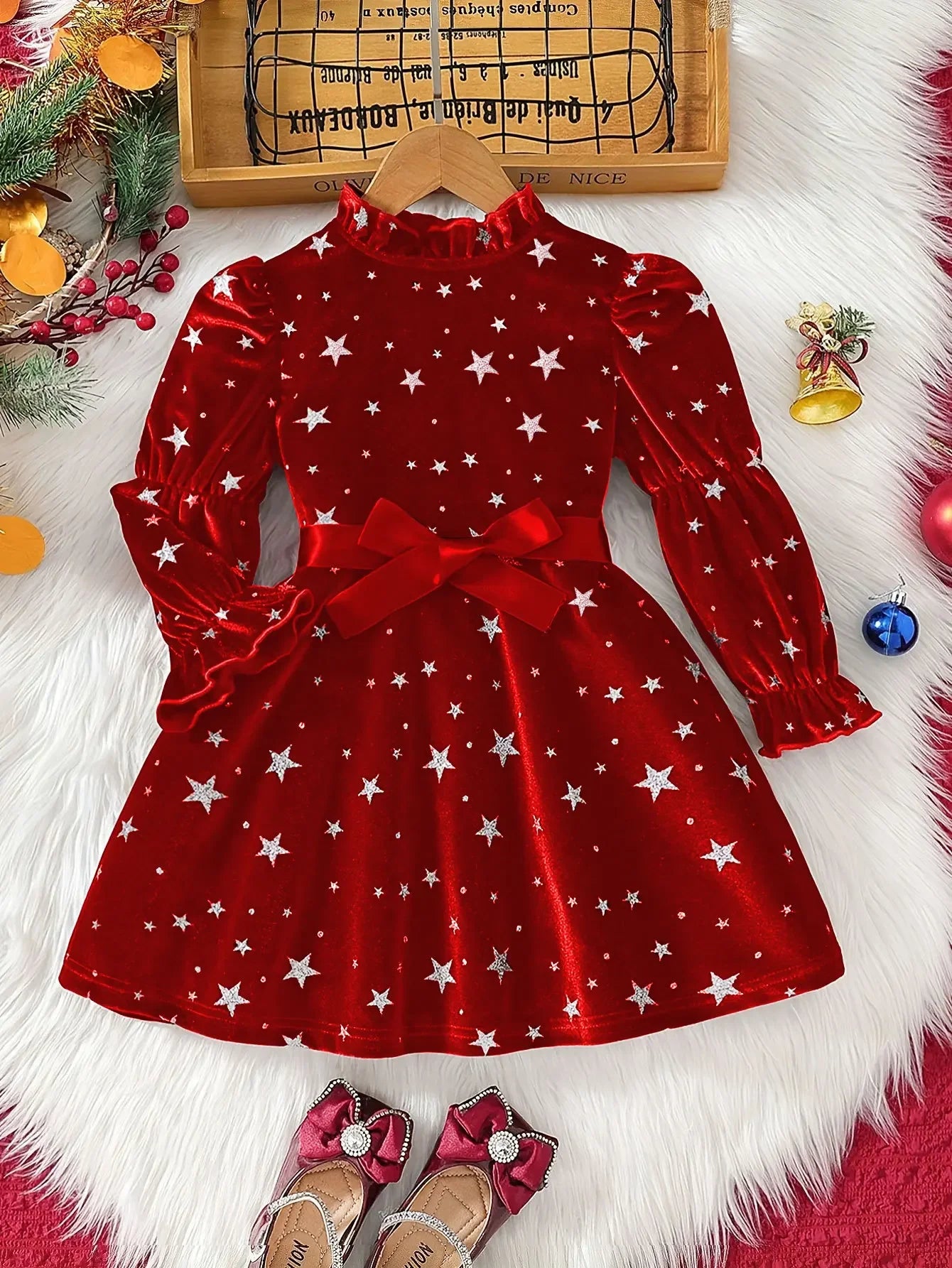 Girl Christmas Star Print Velvet Dress Ruffle Neck Puff Long Sleeve Belted Kids Party Dress