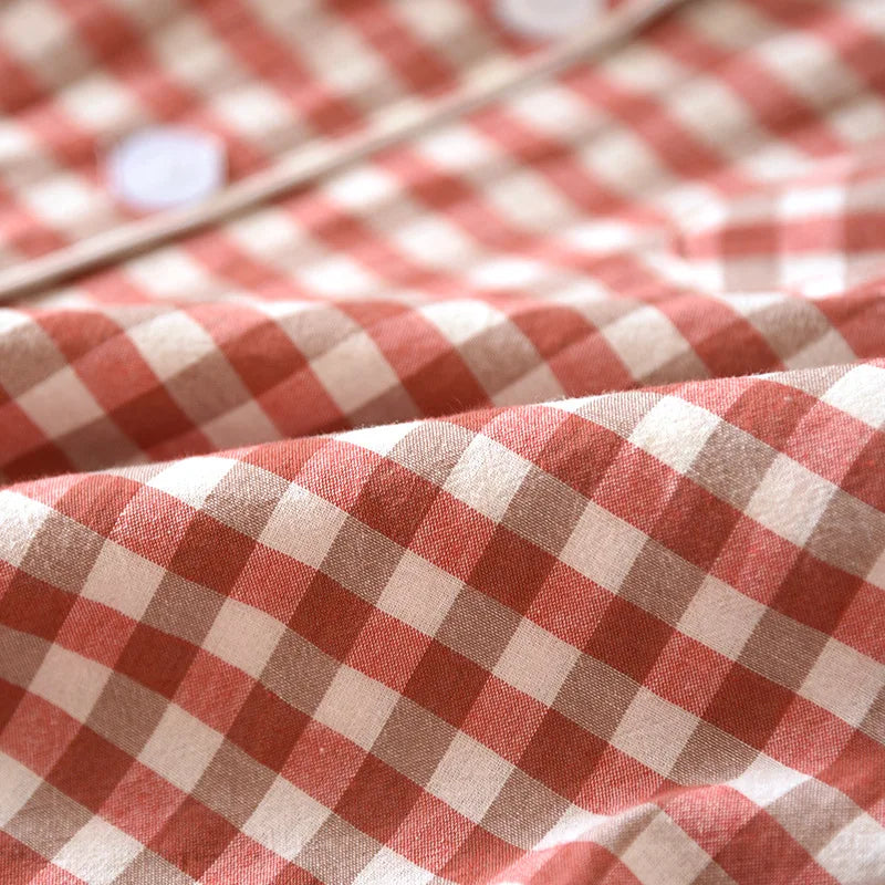 Spring and Autumn Unisex Pajama Set 100% Cotton Men's and Women's Plaid Long Sleeved Two Piece