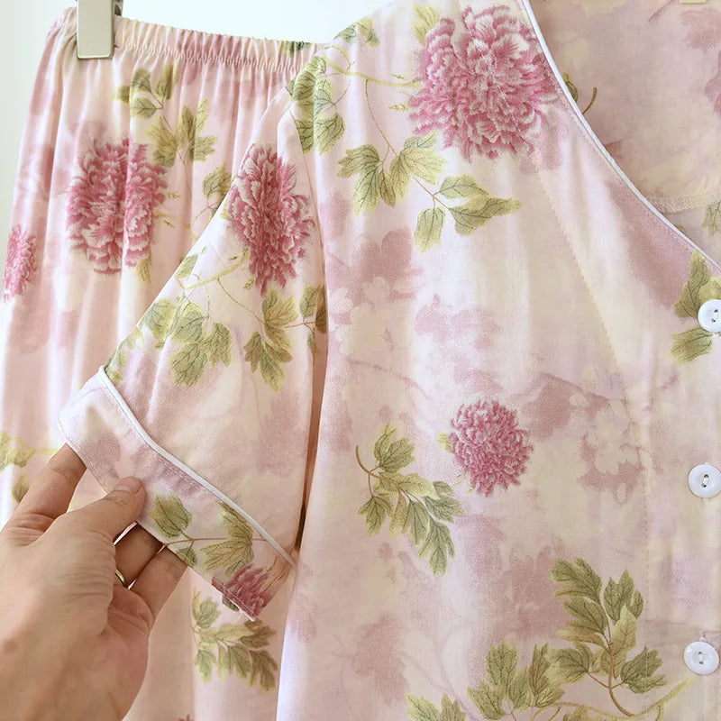 Thin Summer Floral Woman Pajama Sets Nightwear Top and Pants