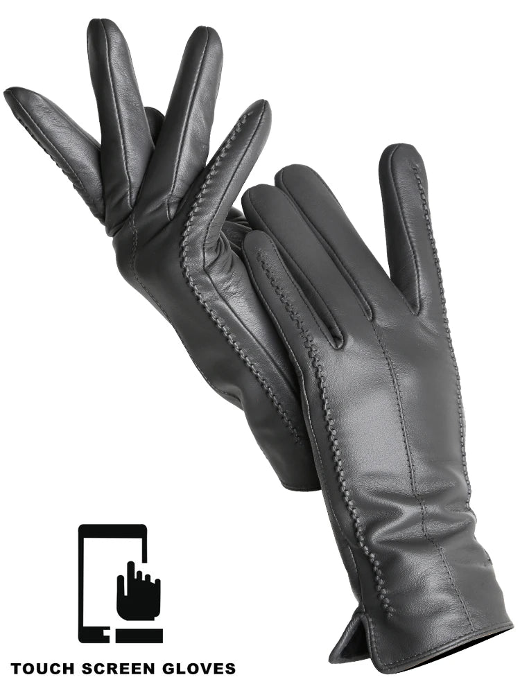 Women's Leather winter warm gloves with velvet thin touch screen