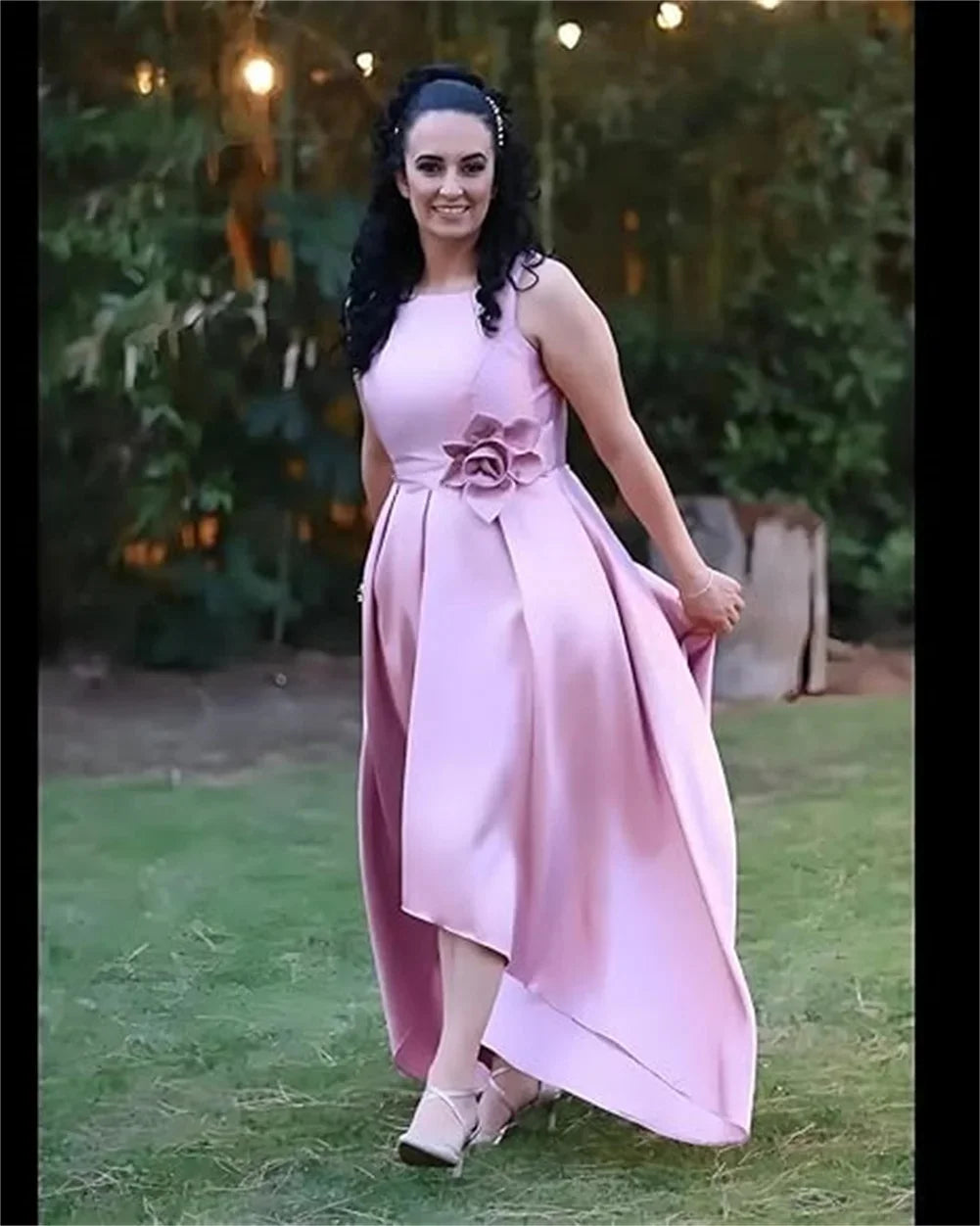 Customized High Low Satin Dresses Wedding Guest Mother of the Bride With Pocket Sleeveless Party Evening Gown