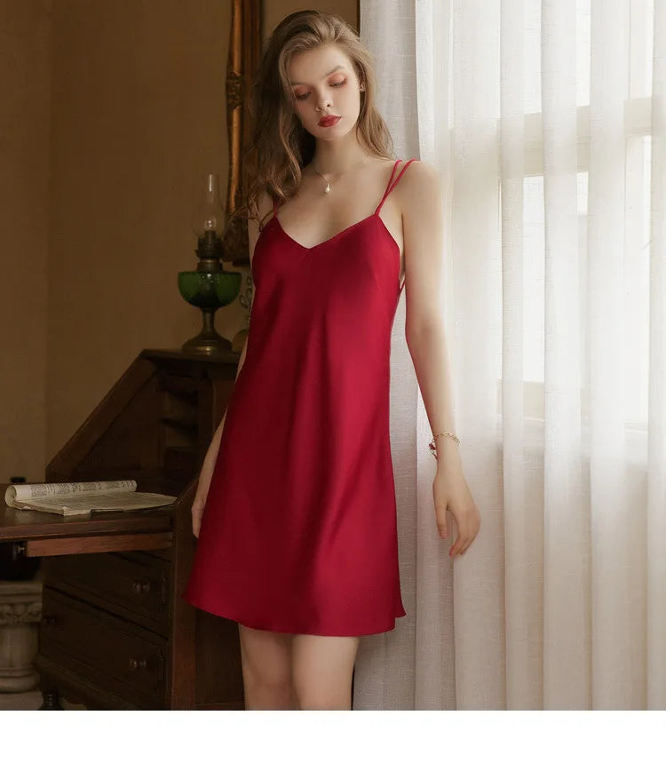 Sexy Silk Nightgown Lingerie Backless Short