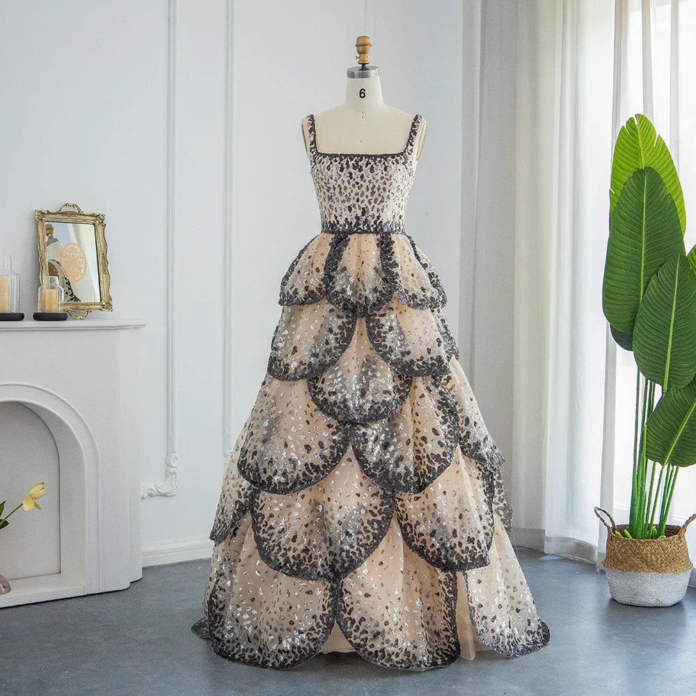 Customized Luxury Evening Sparkly Sparkly Sequin Tiered Ruffles Ball Gown Evening Dress