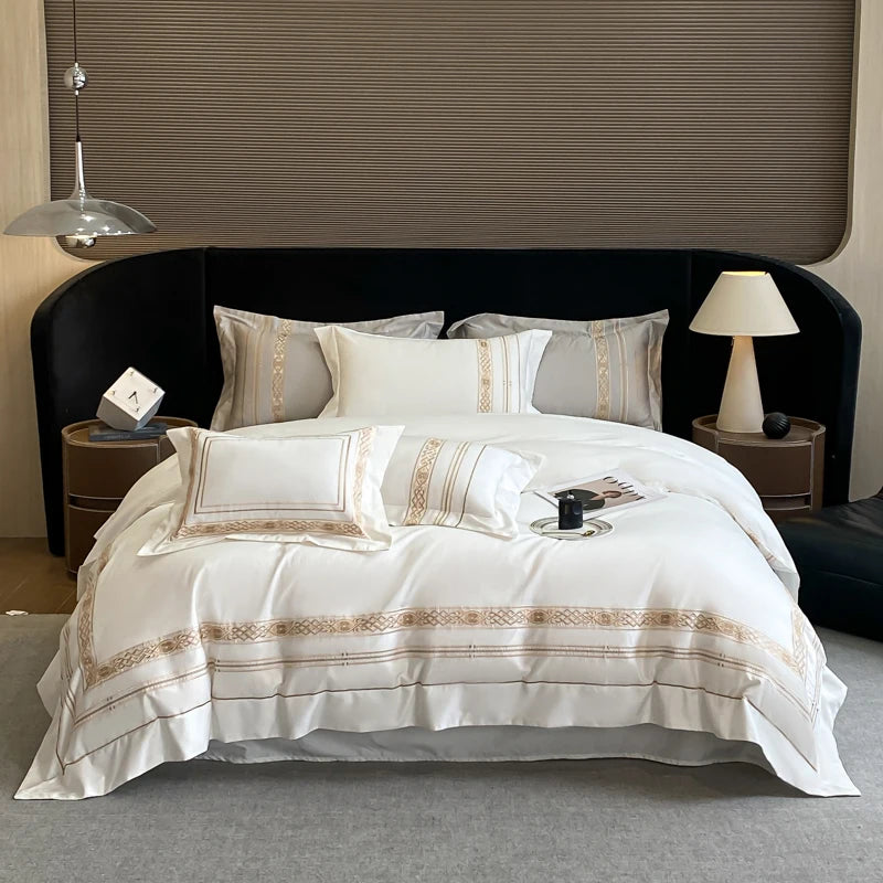 100% Egyptian Cotton Luxury Duvet Cover Set Gold Embroidery Hotel Style
