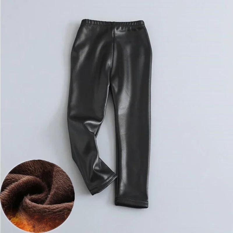 Girls Warm Trousers Faux PU Leather Legging Slim Pants