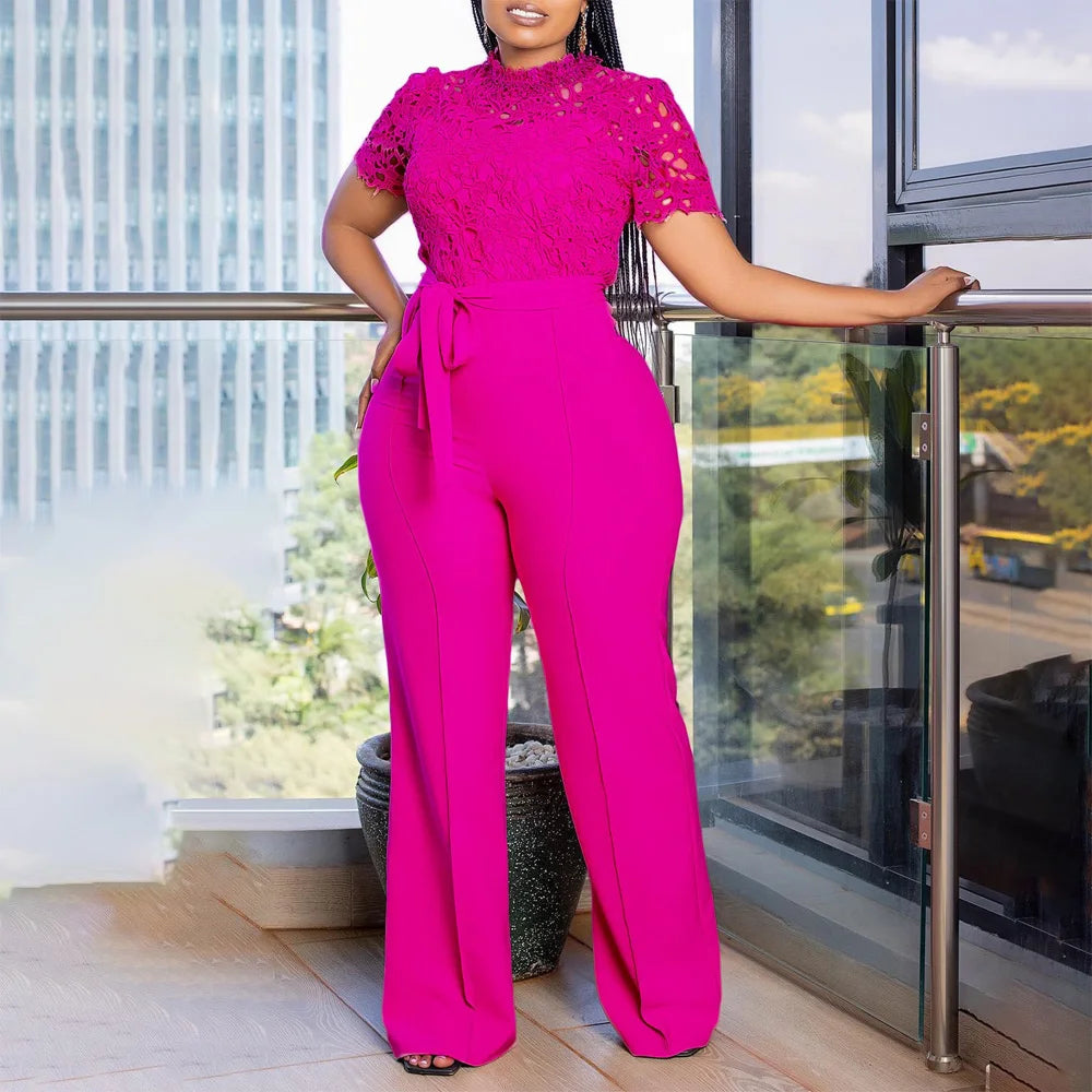 Elegant Jumpsuits & Rompers for Women O Neck Short Sleeve Sashes Lace