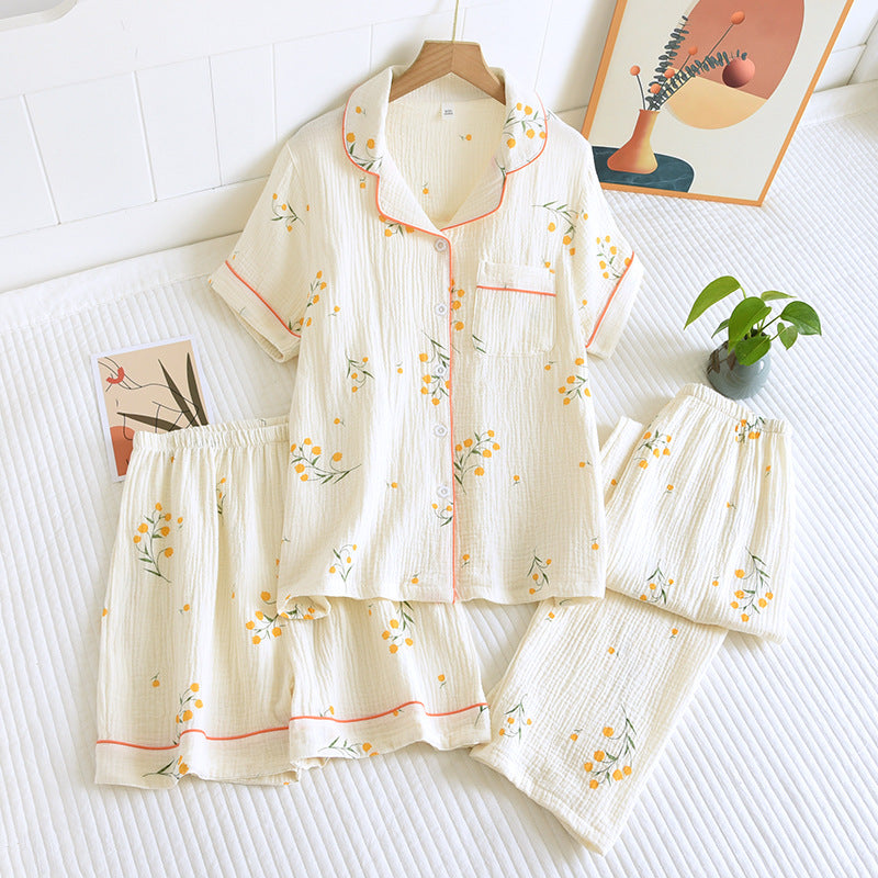 Summer women's cotton crepe three-piece short sleeve + shorts + trousers large size simple flower pajamas