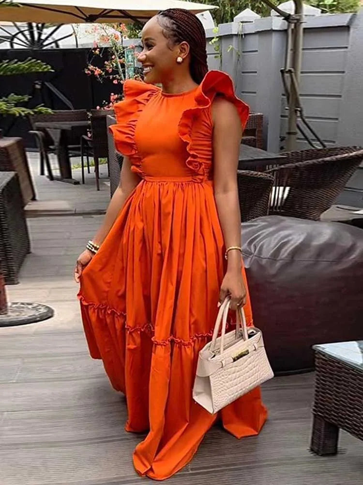 Elegant Long Casual Women Knitted Ruffle Sleeves Dress