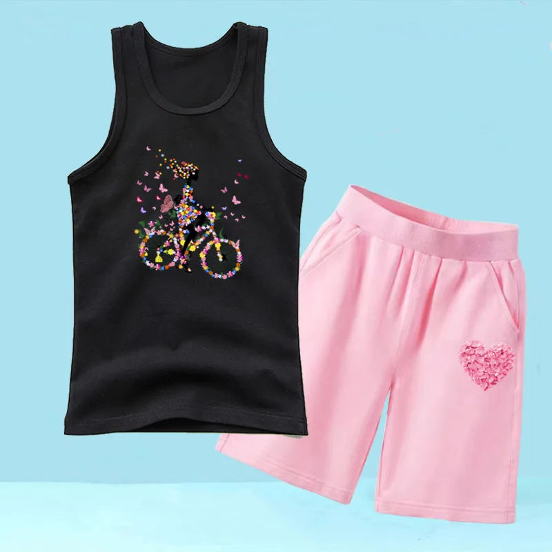 Summer Girls 2PCS Vest Set Perfume Bottle Print Sleeveless Top and Shorts