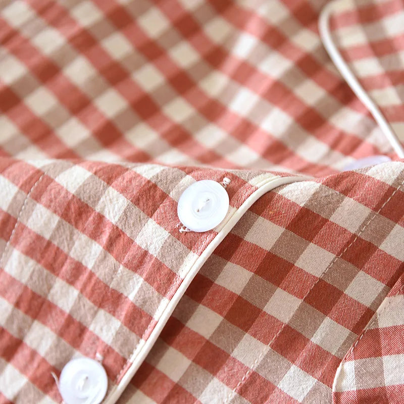 Spring and Autumn Unisex Pajama Set 100% Cotton Men's and Women's Plaid Long Sleeved Two Piece