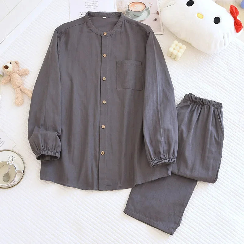 Spring/Summer Women Men Pajama Set 100% Cotton Long Sleeve Long & Pants Two Piece