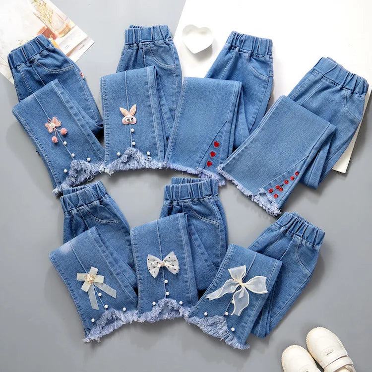 Girls Star Embroidered Jeans Pants with Pearl Slim-Fit age 7-13 yrs old