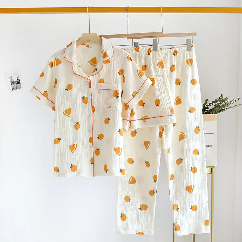 Summer women's cotton crepe three-piece short sleeve + shorts + trousers large size simple flower pajamas
