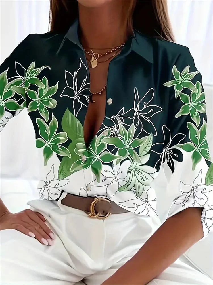 Elegant Printed Pattern Button Long Sleeve Women's Shirts