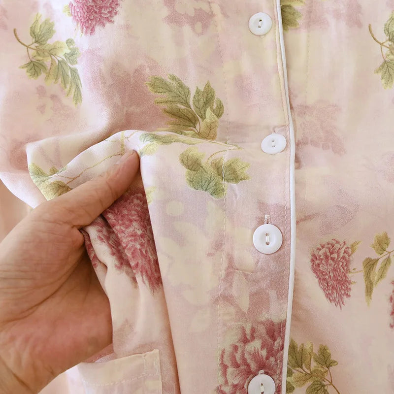 Thin Summer Floral Woman Pajama Sets Nightwear Top and Pants